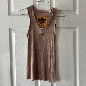 Royal plush tan beige ribbed sleeveless scoop neck tank top metal hardware logo
